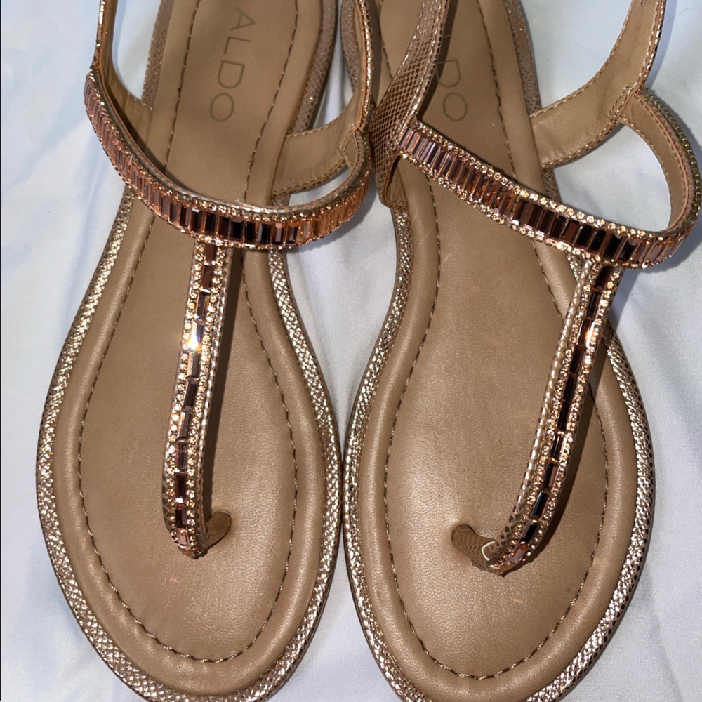 Rose gold t-strap sandals